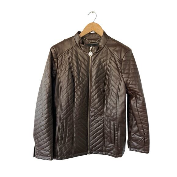 Dennis Basso Chocolate Brown Quilted Faux Leather Bomber Jacket Medium - Picture 1 of 5